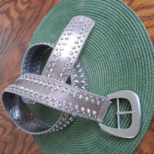 WCM New York Metallic Silver Leather Western Studded Rhinestone Belt Size XL